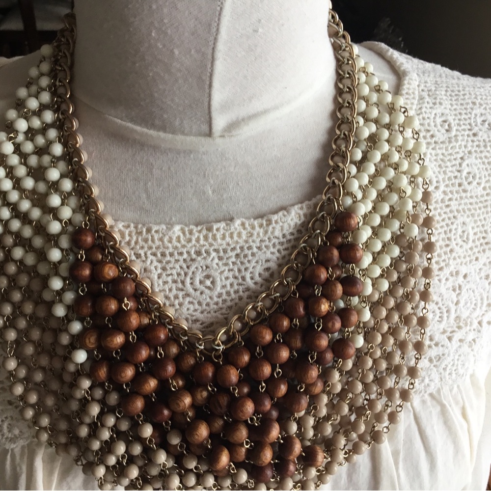 Cream and Brown Multi-Strand Necklace with Pearl and Wood Beads